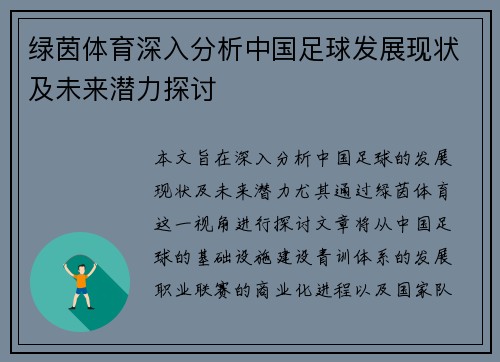 绿茵体育深入分析中国足球发展现状及未来潜力探讨