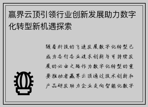 赢界云顶引领行业创新发展助力数字化转型新机遇探索